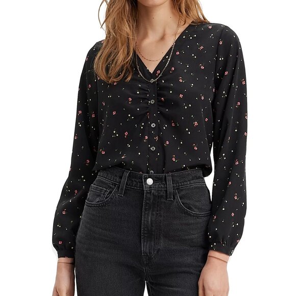 Levi’s Women’s Zenda Ruched Long-Sleeve Blouse Black Floral Size M MSRP $59 - Picture 1 of 12